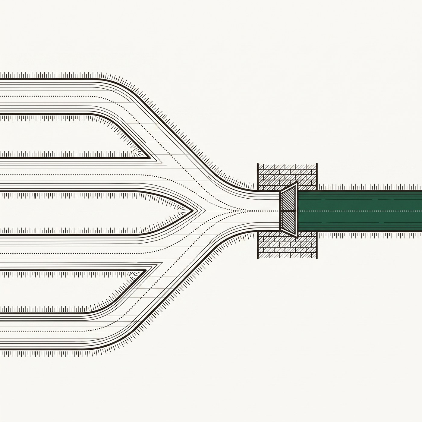 Channels converging through a gate into one green output