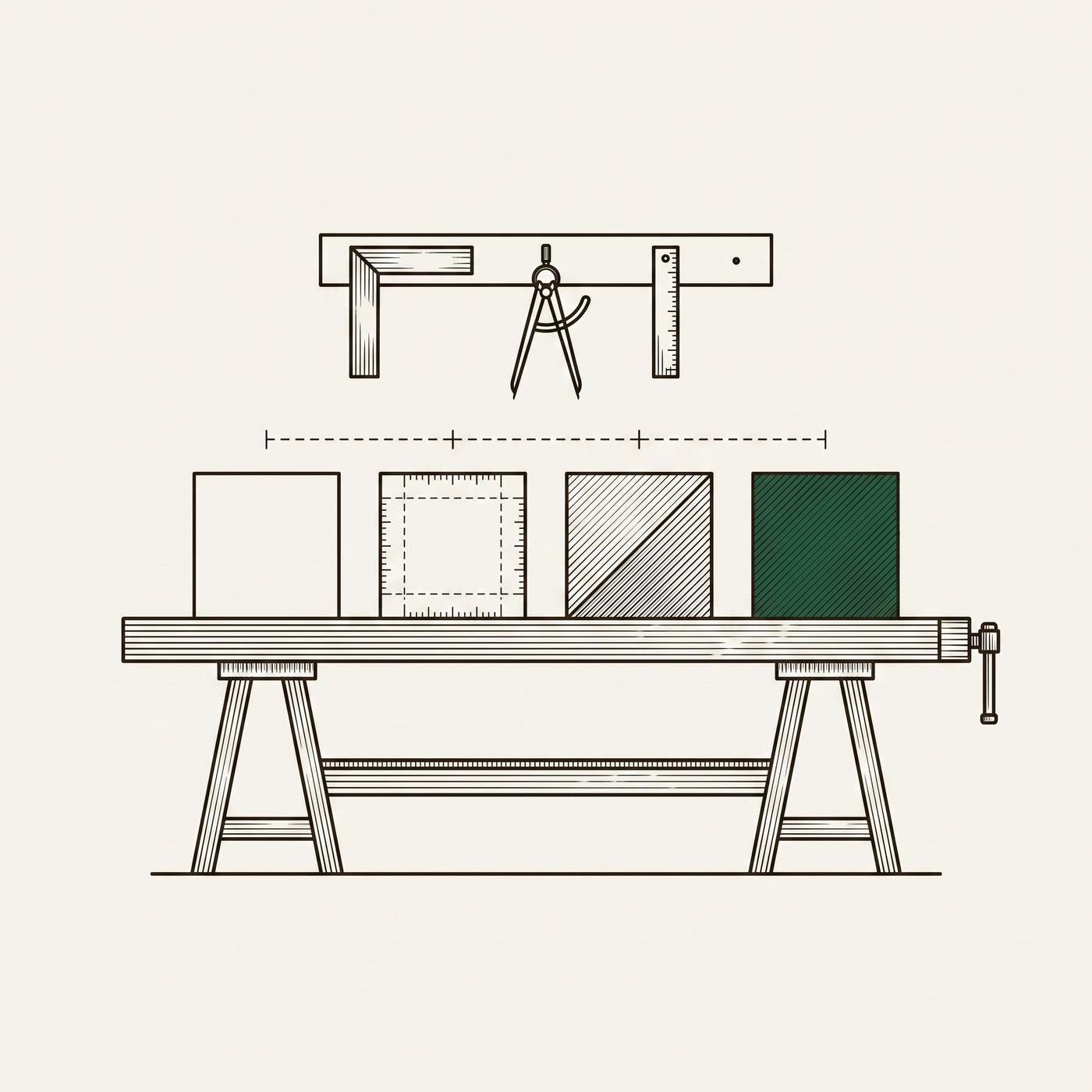 A workbench with four worked plates, the last one green