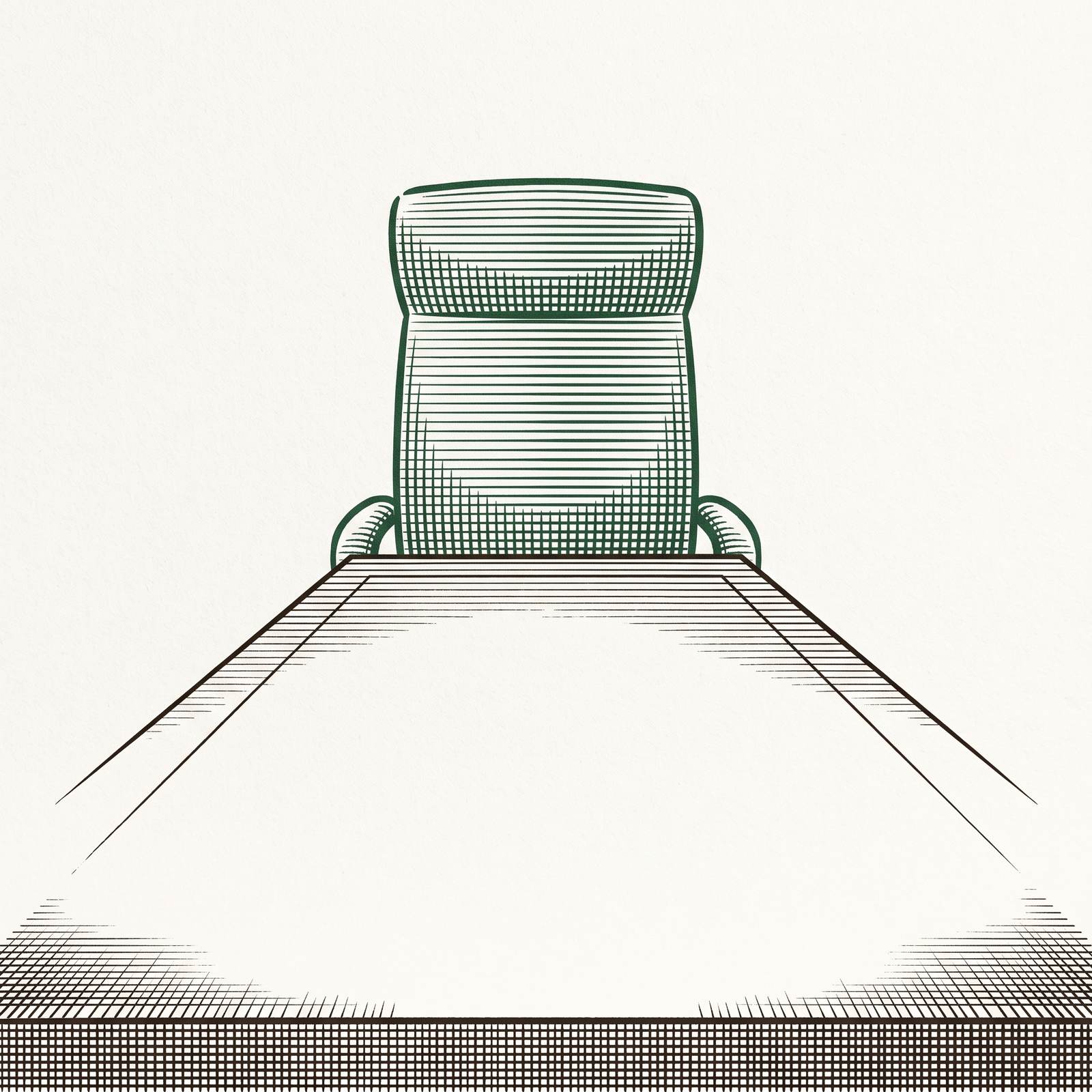 Line-engraved illustration of an empty high-backed executive chair.