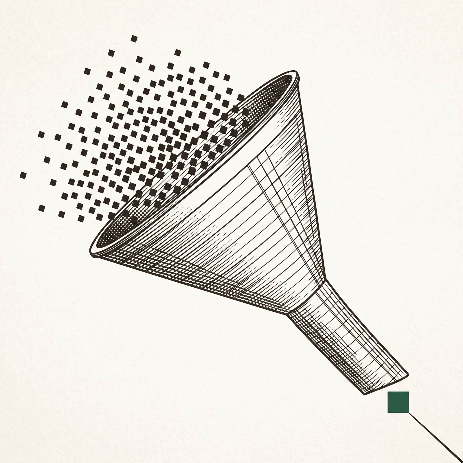 Line-engraved funnel: many scattered squares entering the wide mouth and a single green square emerging from the narrow spout.