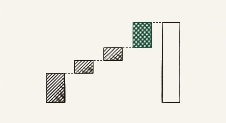 Line-engraved waterfall: hatched blocks step upward, a final green block completing the rise toward one tall outlined column.